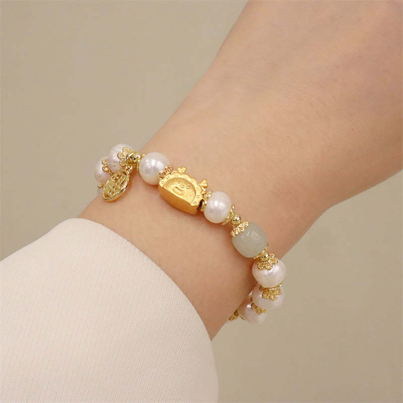 Year Of The Dragon Red Agate Strawberry Quartz Black Obsidian Jade Garnet Pearl Cinnabar Dumpling Dragon Luck Fu Character Bracelet