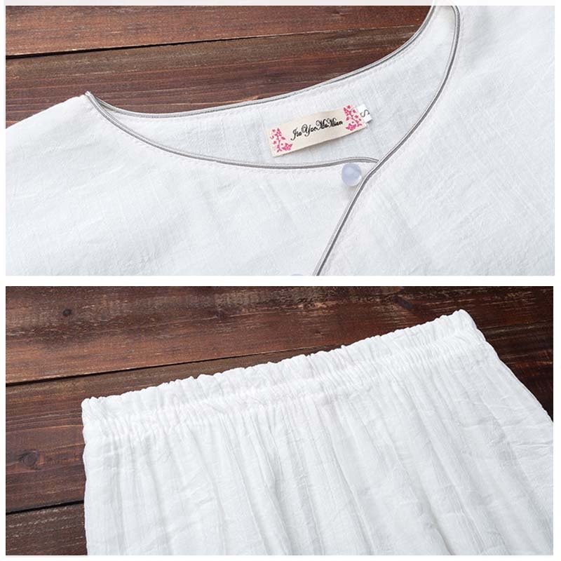 2Pcs Simple Design White Top Pants Meditation Yoga Zen Tai Chi Cotton Linen Clothing Women's Set
