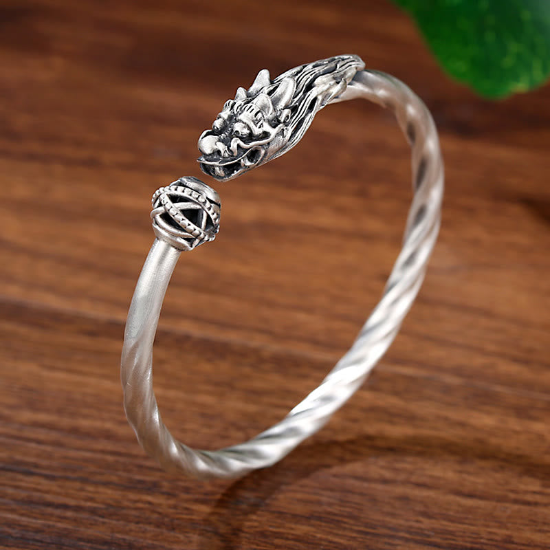 999 Sterling Silver Year of the Dragon Luck Strength Metal Cuff Bracelet Bangle
