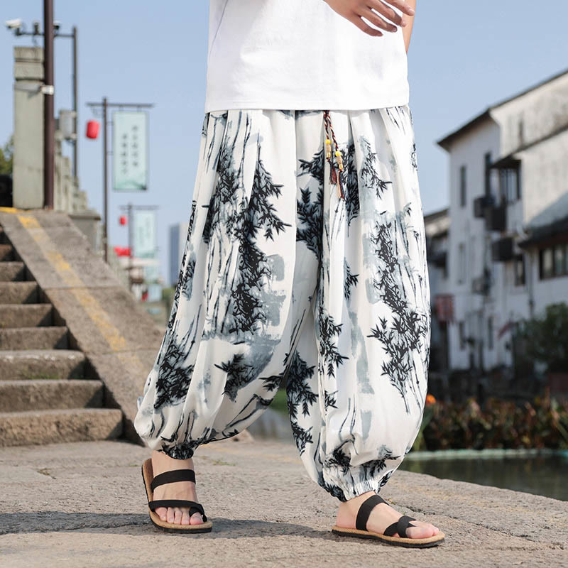 Bamboo Leaves Pattern Loose Men's Harem Pants With Pockets