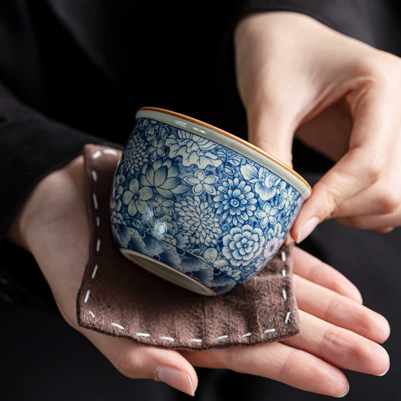 Blue Lotus Peach Blossom Chrysanthemum Design Ceramic Teacup Kung Fu Tea Cups