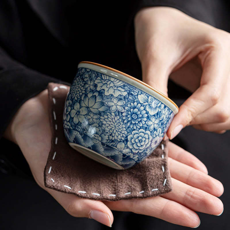 Blue Lotus Peach Blossom Chrysanthemum Design Ceramic Teacup Kung Fu Tea Cups