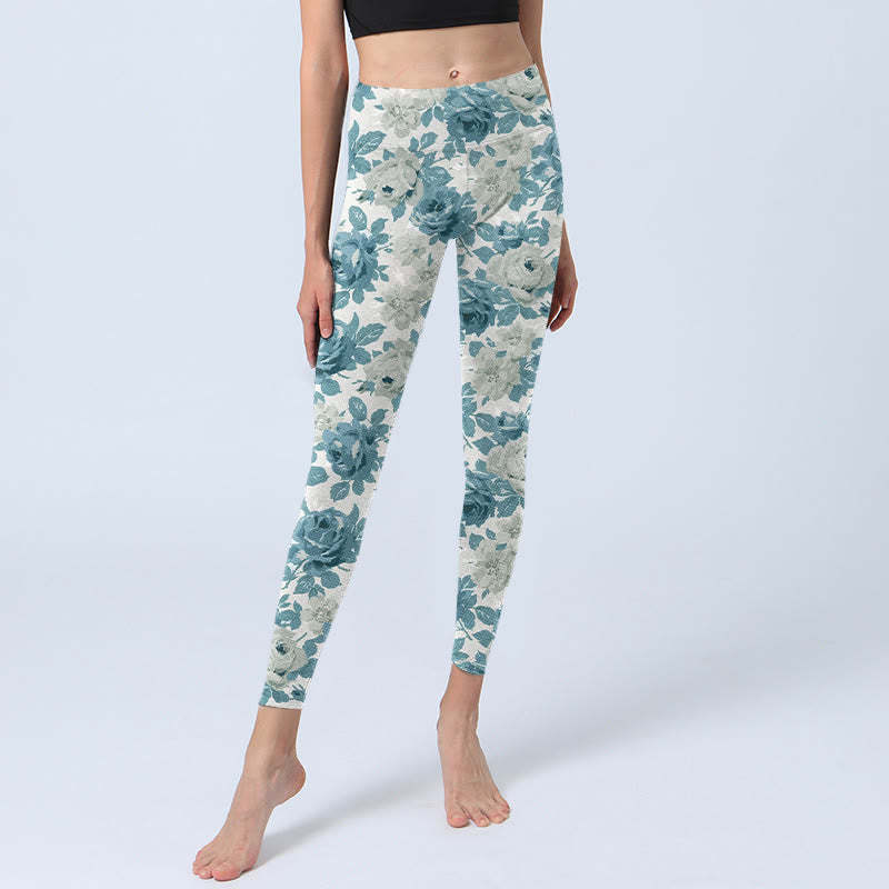 Green White Flower Gym Leggings Women's Yoga Pants