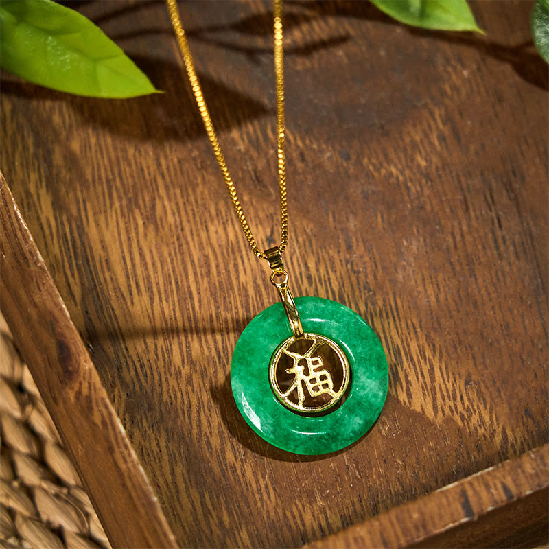 Cyan Jade Fu Character Peace Buckle Healing Luck Necklace Pendant