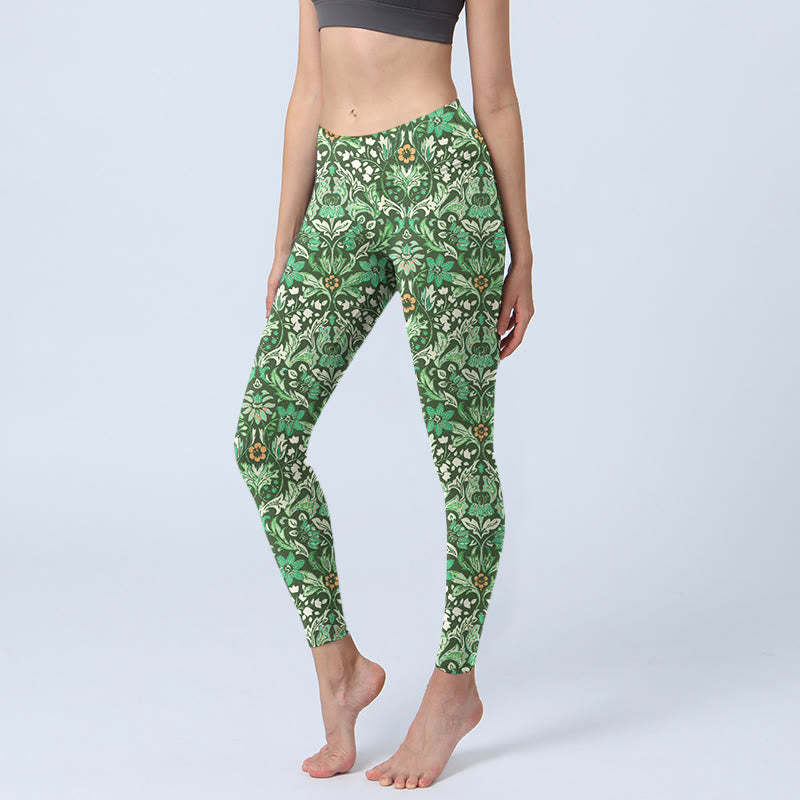 Green Stitching Symmetrical Flower Leaf Pattern Print Gym Leggings Women's Yoga Pants