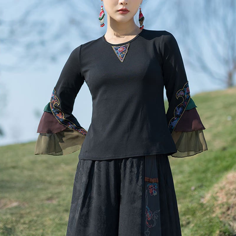 Embroidery Flower T-shirt Three Quarter Bell Flare Sleeves Cotton Top Tee