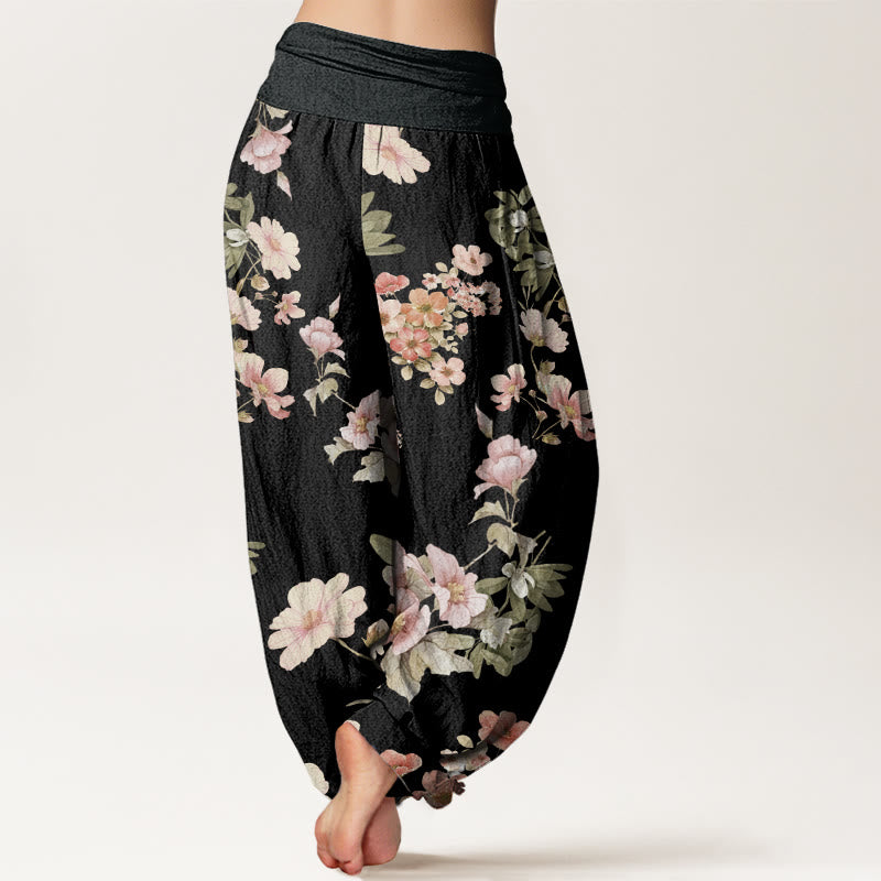 Pink Pale Orange Flowers Design Women's Elastic Waist Harem Pants