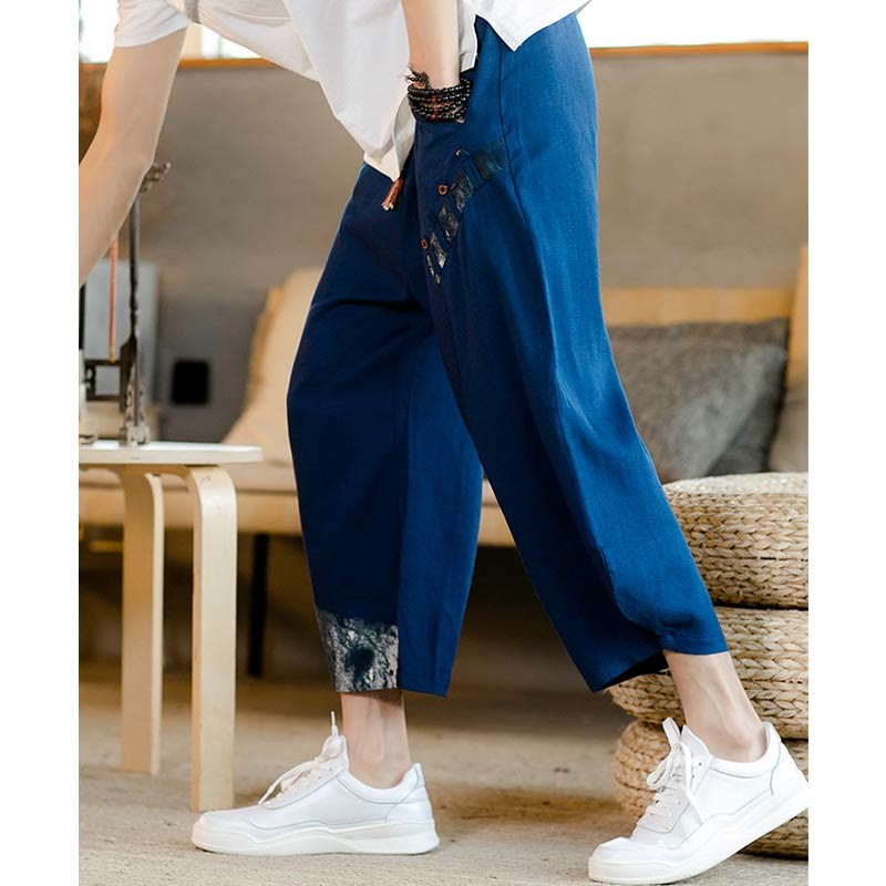 Patchwork Design Drawstring Cotton Men's Cropped Pants With Pockets