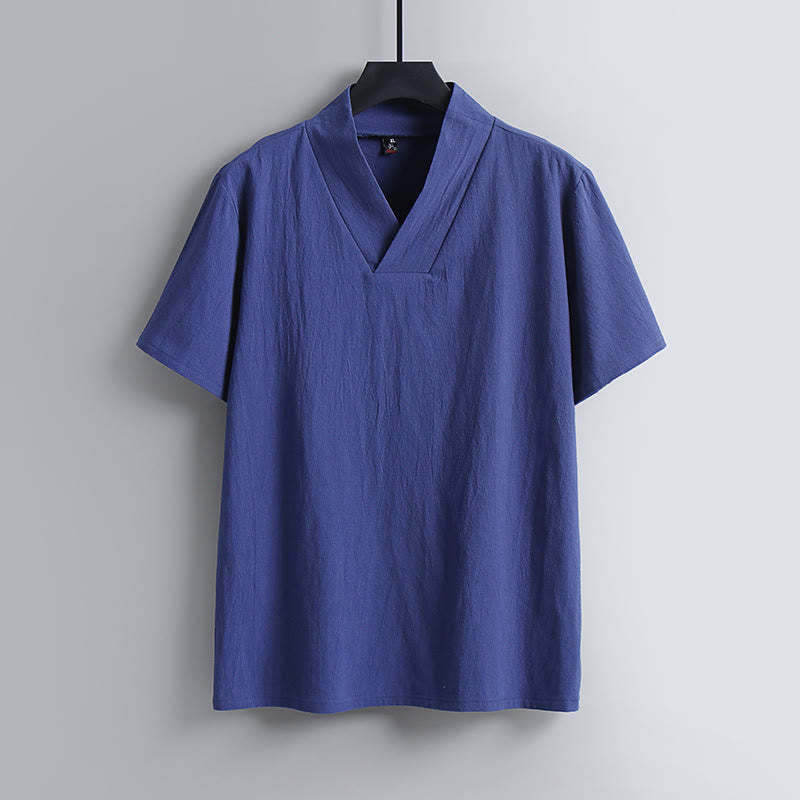 Loose Men's T-Shirt Solid Color Top Short Sleeve V Collar Breathable Linen Shirt