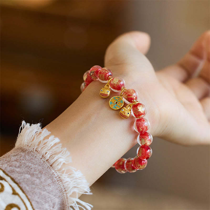 Gold Swallowing Beast Copper Coin Good Luck Charm Liuli Glass Bead Fortune Bracelet