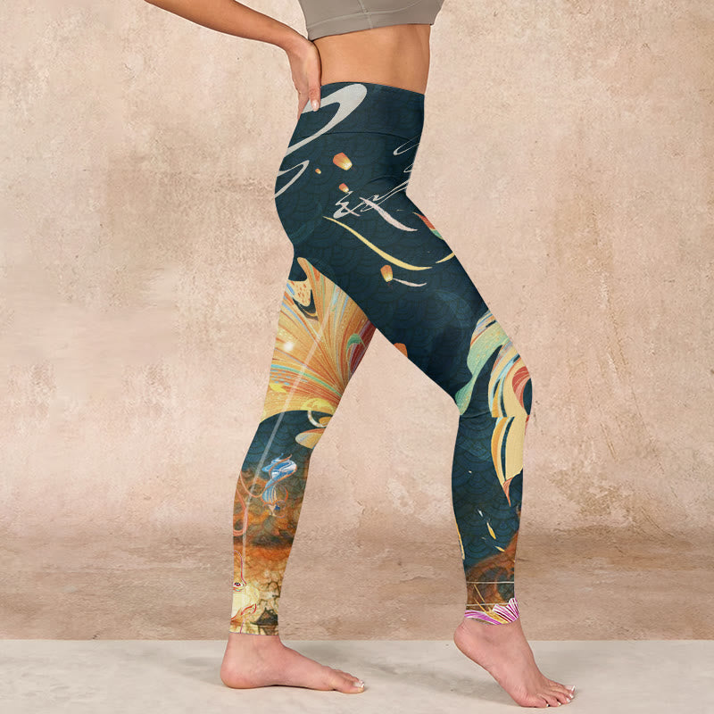 Dark Slate Gray Double Koi Fish Sky Lantern Tower Exercise Leggings Women's Yoga Pants
