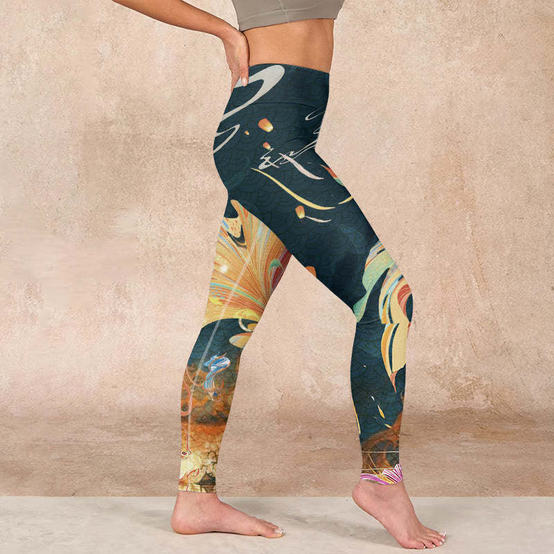Dark Slate Gray Double Koi Fish Sky Lantern Tower Exercise Leggings Women's Yoga Pants