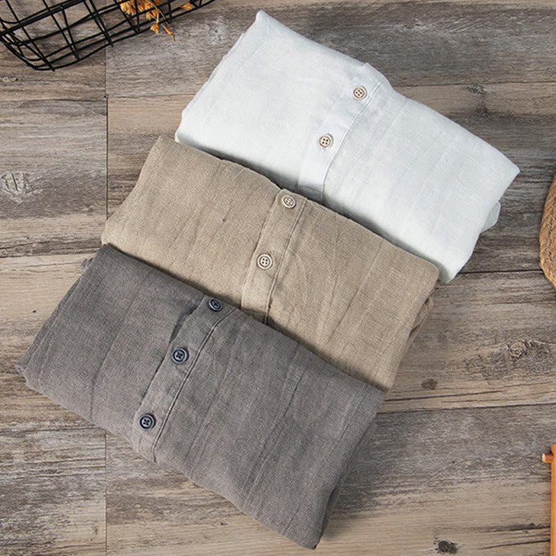Solid Color Short Sleeve Half Button Shirt Linen Men Clothing