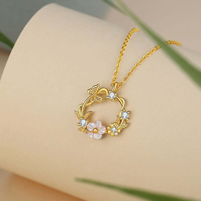 925 Sterling Silver Cubic Zirconia Shell Butterfly Peach Blossom Blessing Necklace Pendant