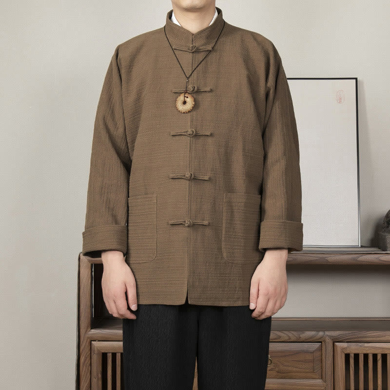 Solid Color Frog-button Tang Suit Cotton Linen Men's Jacket Shirt With Pockets