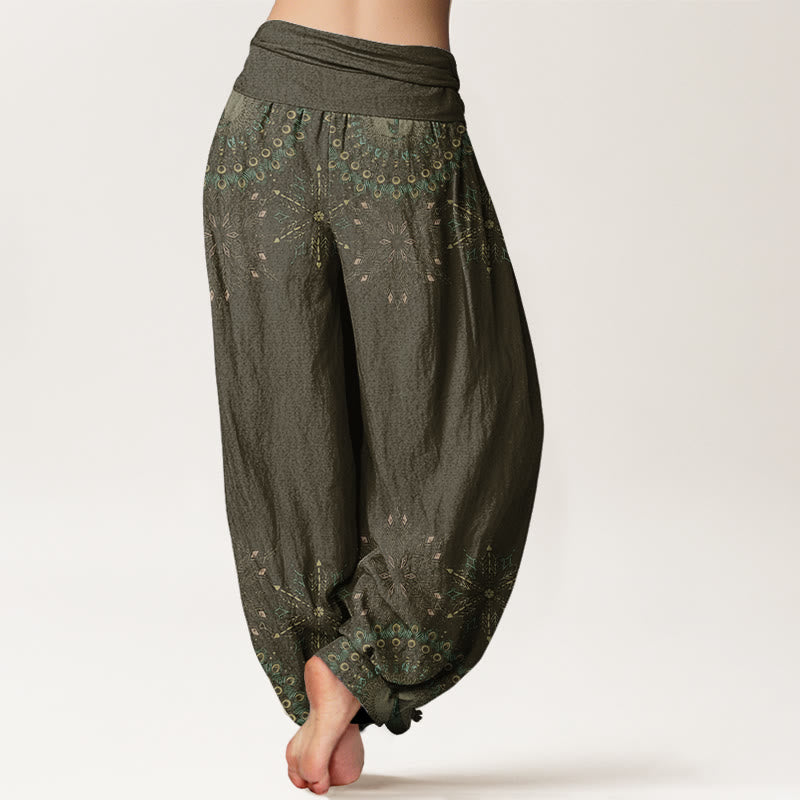 Peacocks Colorful Feathers Geometric Pattern Design Women's Elastic Waist Harem Pants