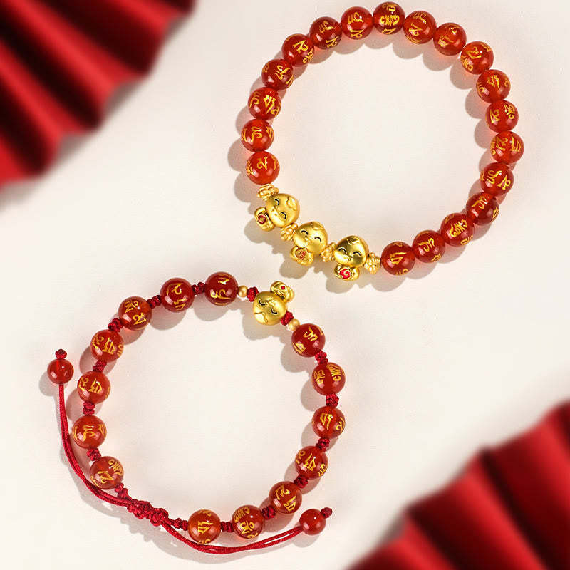 Red Agate Black Onyx Bead Copper Year Of The Snake Fu Character Om Mani Padme Hum Happiness Bracelet