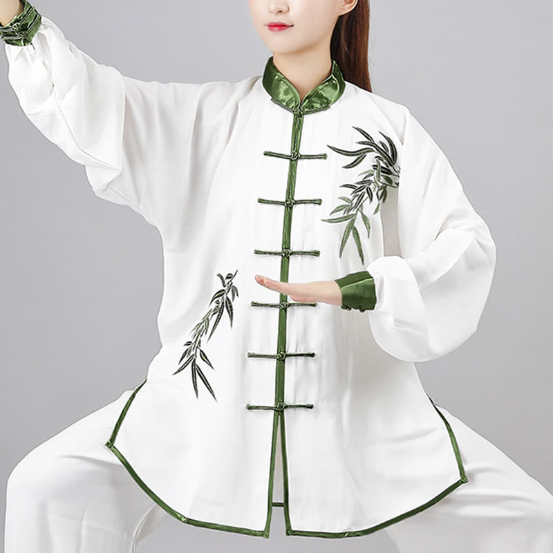 2Pcs Fall Green Bamboo Leaves Embroidery Frog-Button Tai Chi Meditation Qigong Zen Practice Unisex Cotton Clothing Set