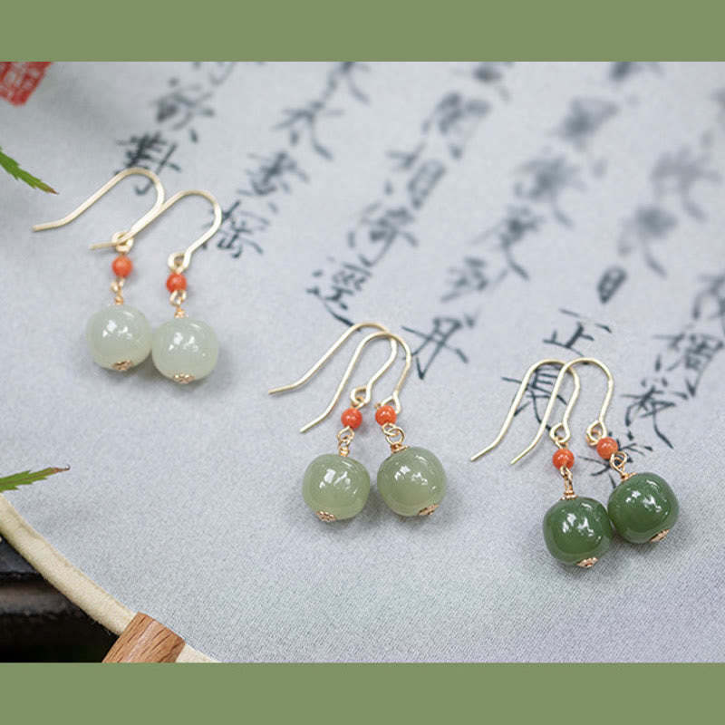 925 Sterling Silver 14K Gold Plated Hetian Jade Red Agate Luck Drop Dangle Earrings