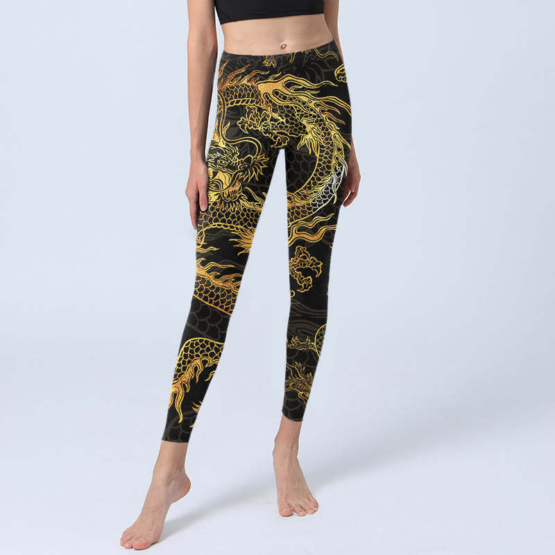 Golden Dragon Print Gym Leggings Women's Yoga Pants