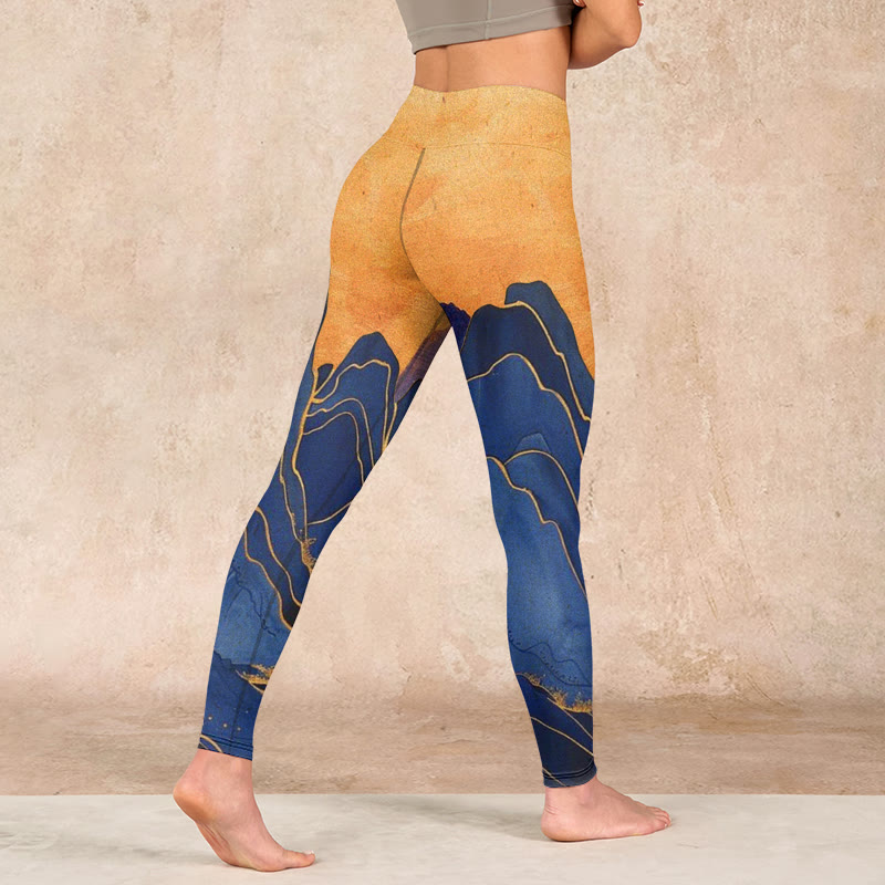 Dark Blue Mountain Sunset Print Fitness Leggings Women's Yoga Pants