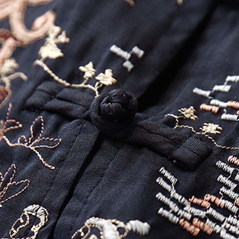Casual Women's Frog-Button Embroidered Plant Crew Neck Design Three Quarter Sleeve Cotton Shirt