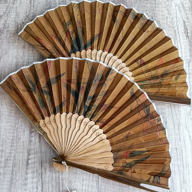 Flower Persimmon Bamboo Leaves Xiangyunsha Silk Handheld Bamboo Folding Fan