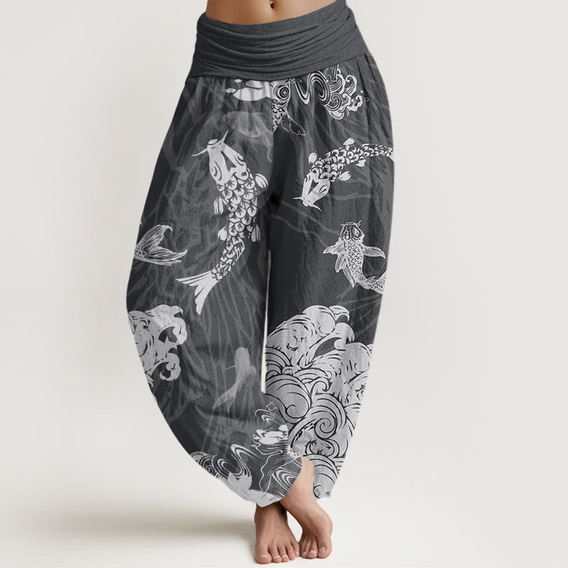 Koi FIsh Lotus Waves Women's Elastic Waist Harem Pants