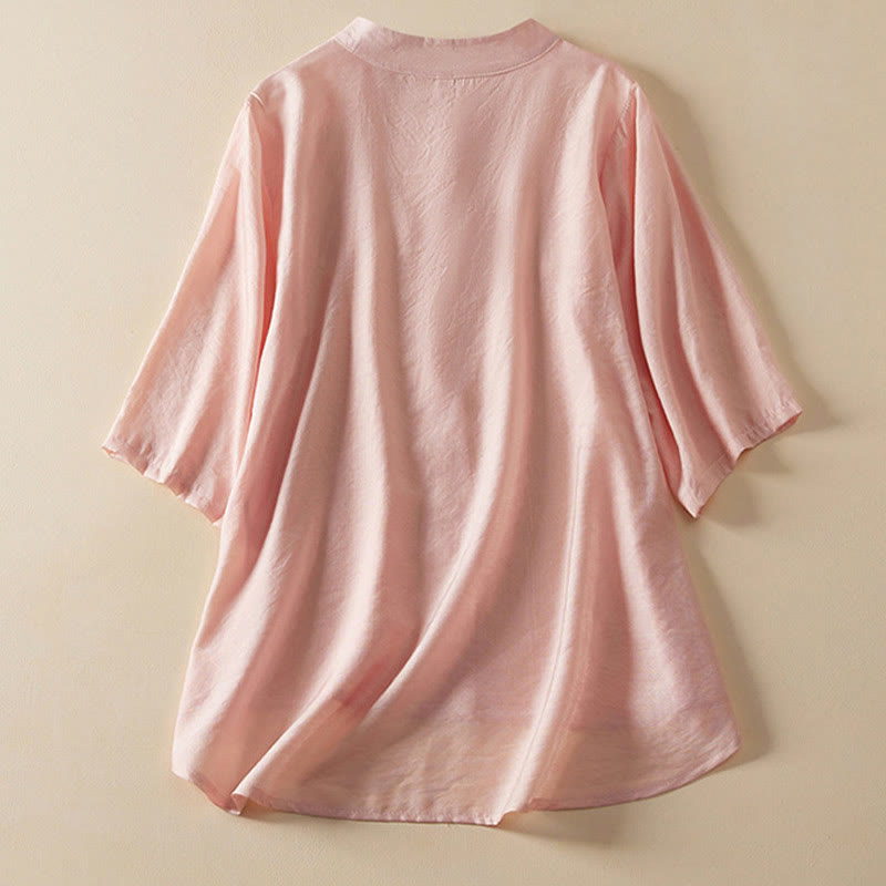 Casual Women's Embroidered Stand Collar Design Cardigan Half Sleeve Cotton Linen Shirt