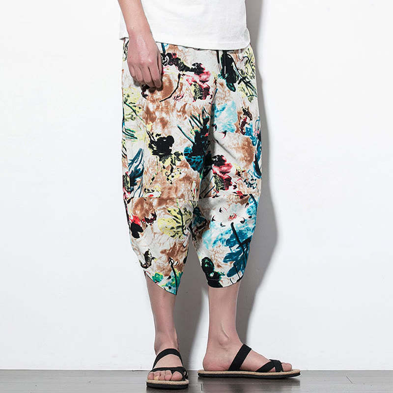 Flowers Leaves Brown Blue Painting Print Cotton Men's Long Cropped Harem Pants With Pockets