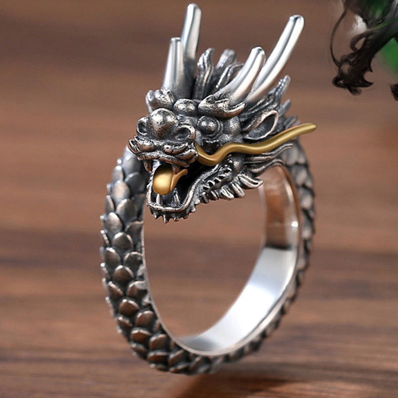 925 Sterling Silver Vintage Dragon Design Protection Strength Adjustable Ring