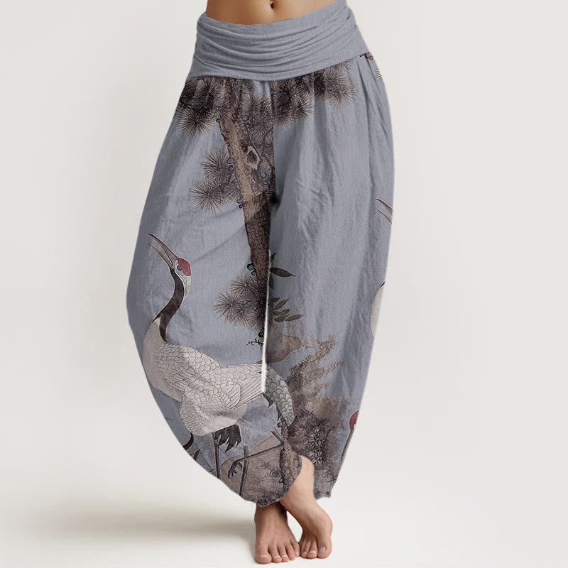 Casual Red-crowned Crane Pine Tree Mountain Women's Elastic Waist Harem Pants