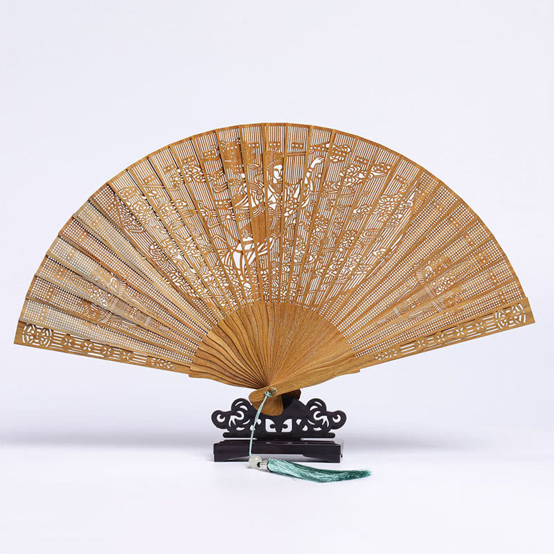 Auspicious Clouds Crane Peacock Chang'e Moon Engraved Pattern Handheld Green Sandalwood Folding Fan