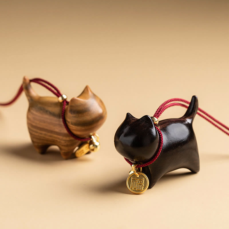 Ebony Wood Green Sandalwood Lucky Cat Fu Character Lucky Fortune Bell Balance Car Hanging Decoration
