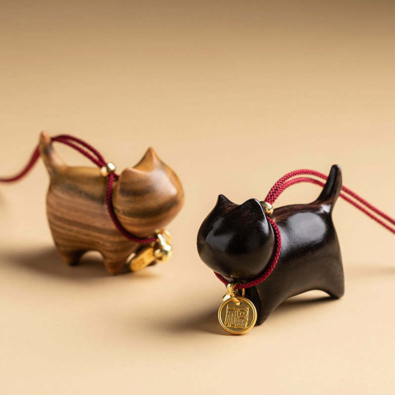Ebony Wood Green Sandalwood Lucky Cat Fu Character Lucky Fortune Bell Balance Car Hanging Decoration