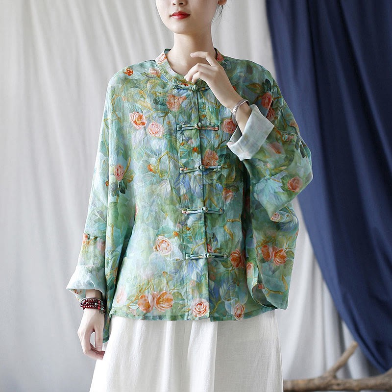 Pink Flowers Green Leaves Print Frog-button Design Long Sleeve Ramie Linen Jacket Shirt
