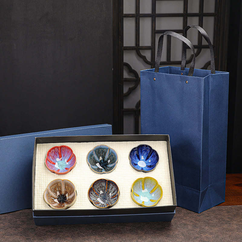 6Pcs Plum Blossom Petal Pattern Chinese Jianzhan Kiln Change Ceramic Teacup Kung Fu Tea Cup Bowl With Gift Box