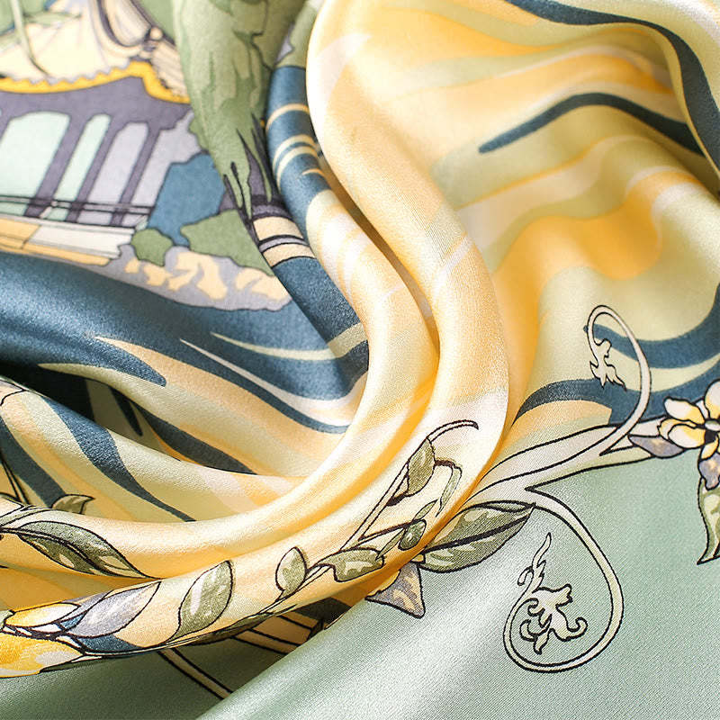 Pastoral Scene Hot Air Balloon Spring Blossom 100% Mulberry Silk Neck Hair Scarf