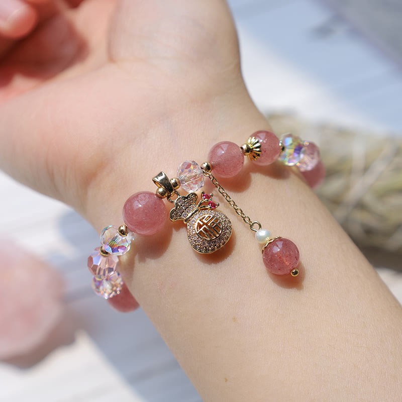 Love Healing Natural Strawberry Quartz Money Bag Charm Positive Bracelet
