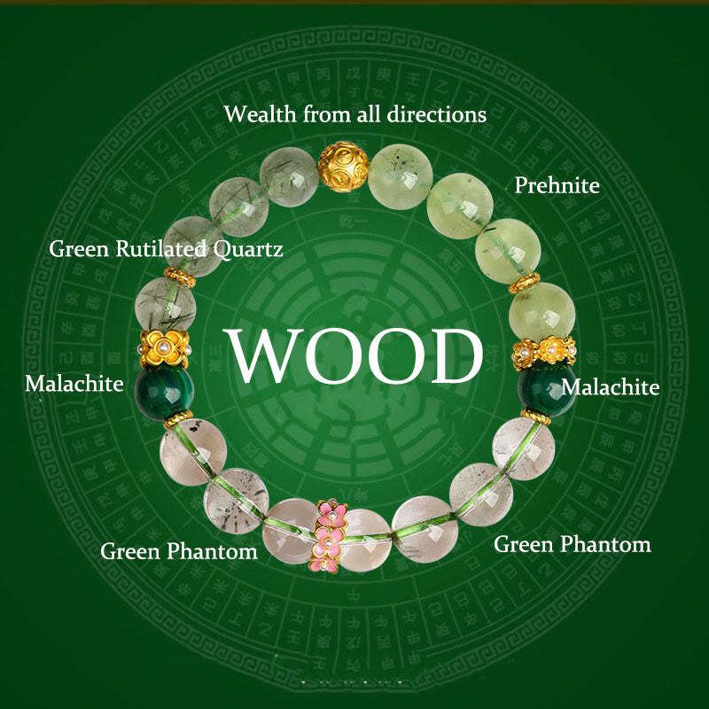 Five Elements Various Agate Crystal Green Phantom Rutilated Quartz Green Grape Agate Malachite Luck Bracelet