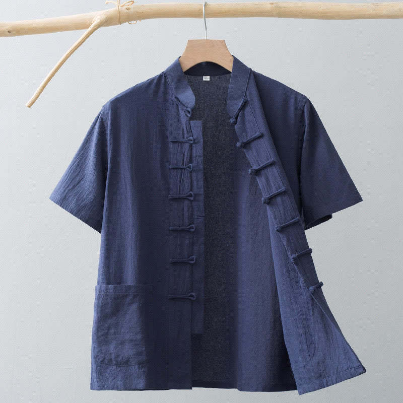Chinese Frog-Button Tang Suit Men's Short Sleeve Shirt Cotton Linen Clothing With Pockets