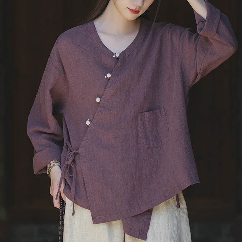 Solid Color Ramie Linen Loose Blouse Long Sleeve Shirt Chinese Hanfu Top
