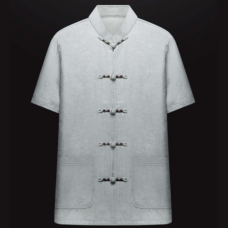 Along the River During the Qingming Festival Pattern Traditional Tang Suit Short Sleeve Shirt Pants Clothing Men's Set