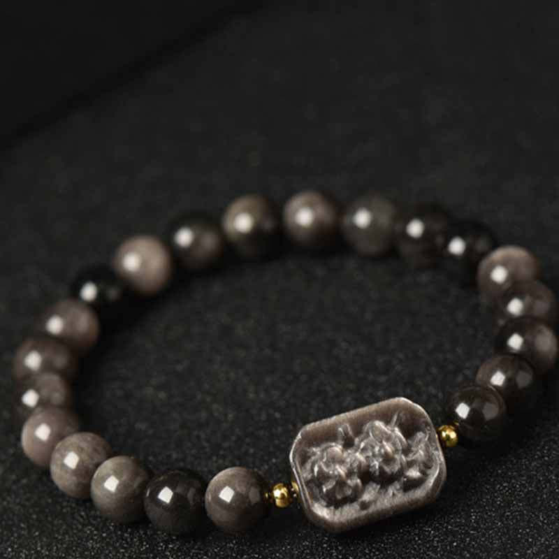 Silver Sheen Obsidian Lotus Flower Nine Tailed Fox Laughing mystic zen Protection Bracelet
