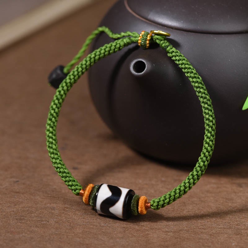 Handmade Tibetan Dzi Bead Protection Braided Green Rope Bracelet