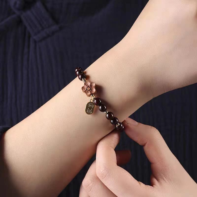 Natural Sandalwood Peach Blossom Small Leaf Red Sandalwood Ruyi Charm Protection Bracelet