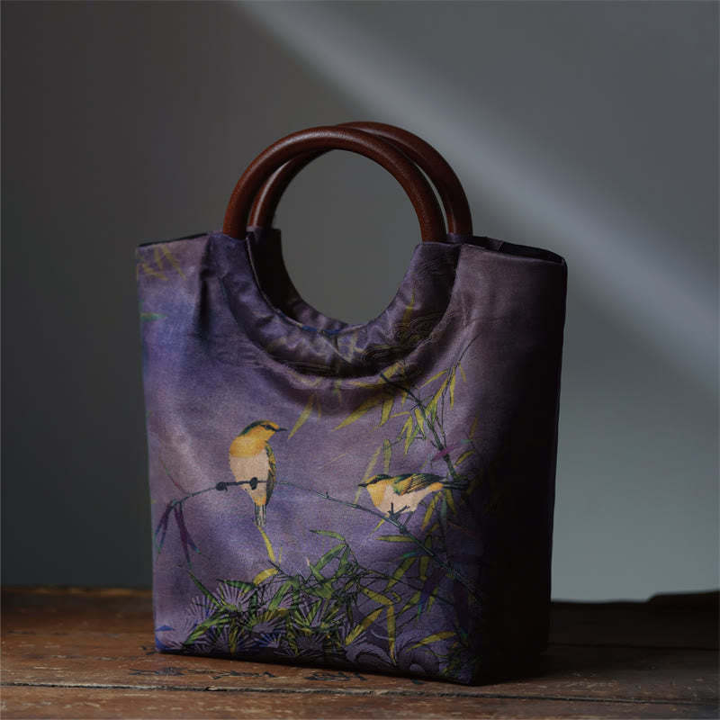 Peony Flower Bamboo Leaves Bird Solid Wood Handle Handbag