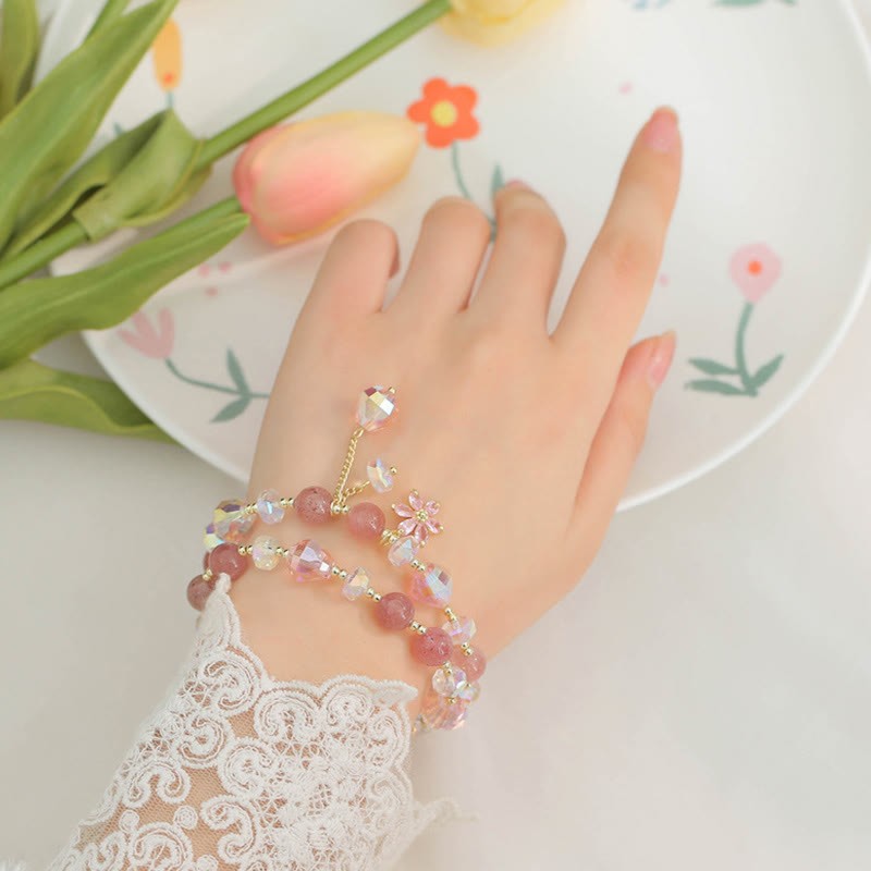 Strawberry Quartz Zircon Flower Healing Double Wrap Bracelet