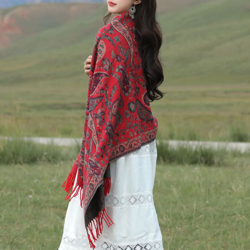 Tibetan Cashew Flowers Leaves Vine Tassels Shawl Fall Winter Soft Cozy Scarf Wrap