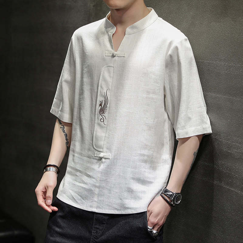 Frog-Button Phoenix Embroidery Chinese Tang Suit Short Sleeve Shirt Cotton Linen Men Clothing